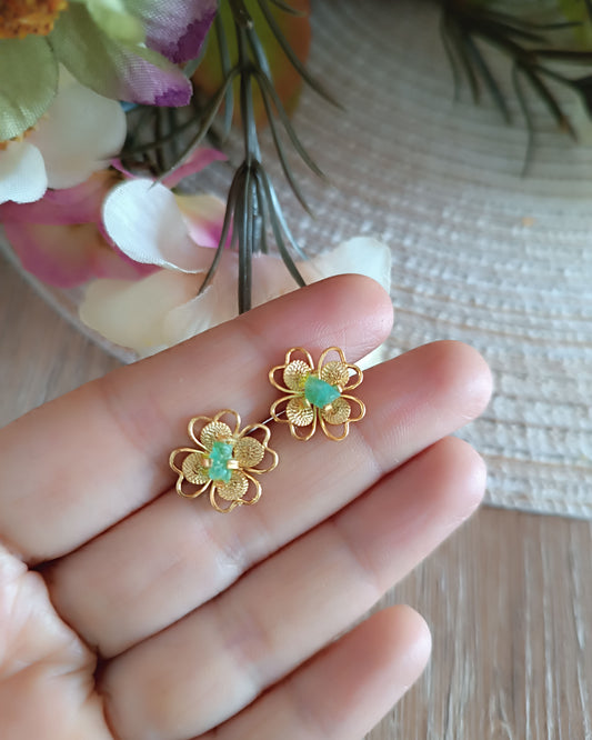 Aretes Topos Mini Filigrana y Esmeralda Trebol