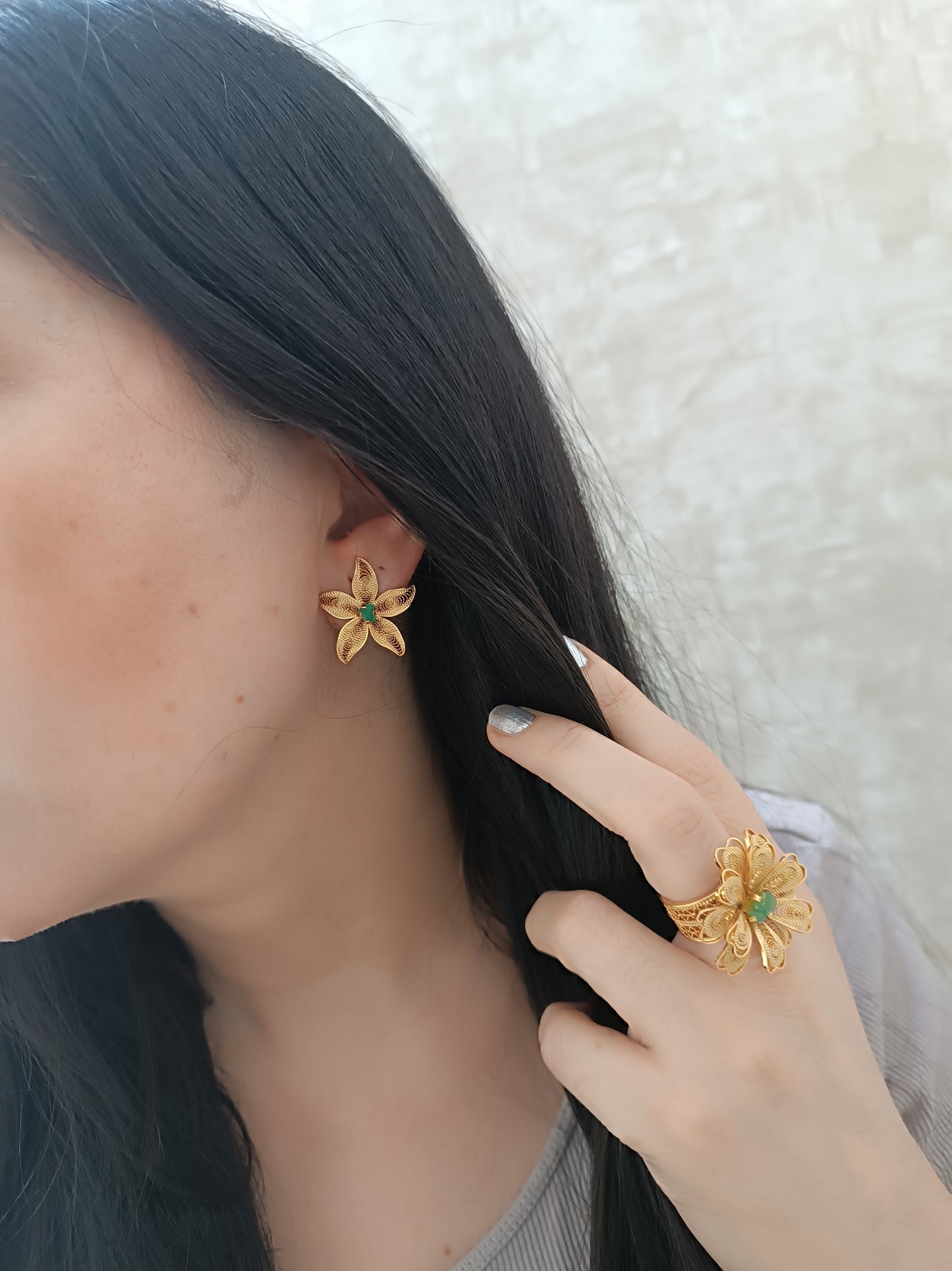 Aretes filigrana y esmeralda, estrella de mar