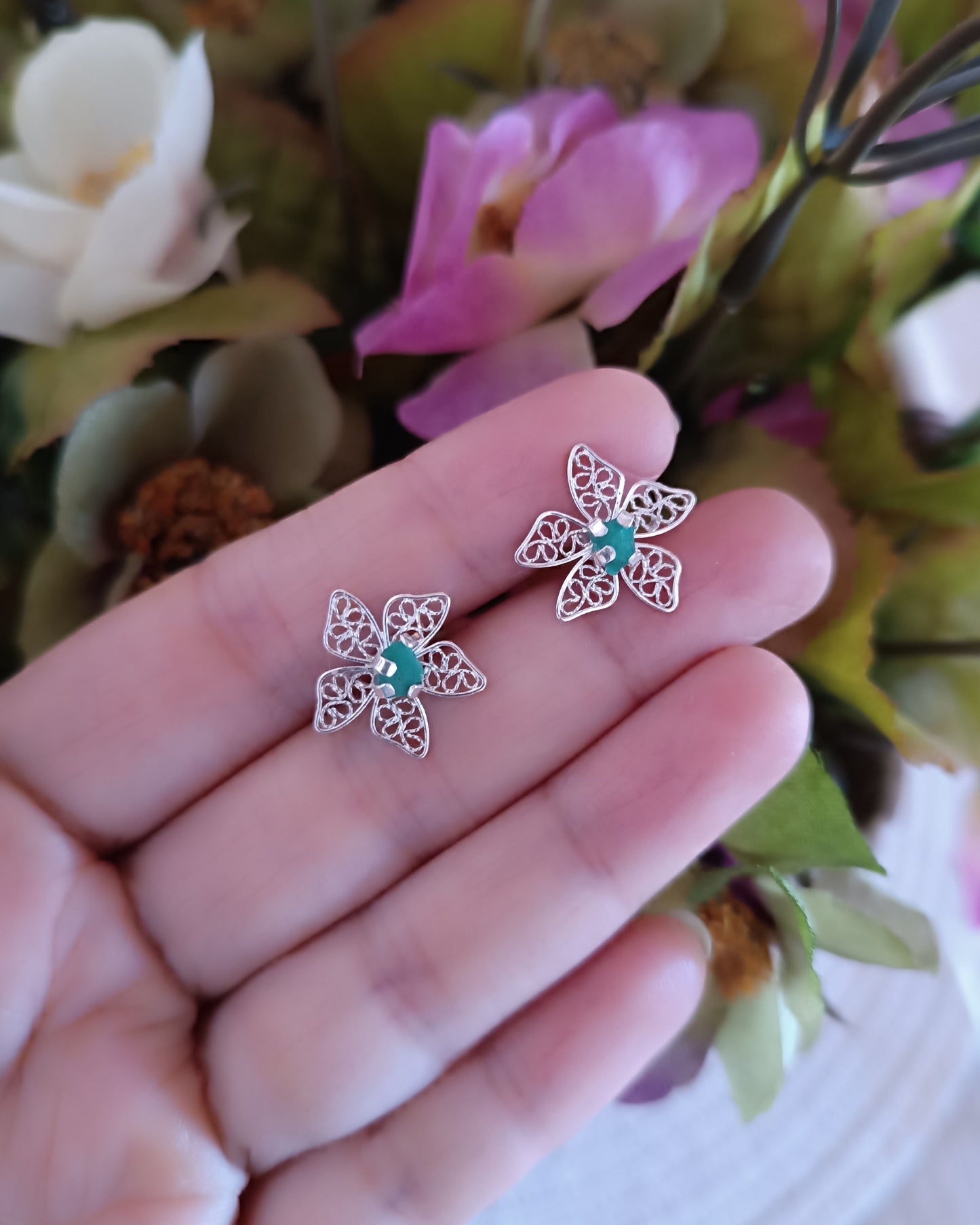 Aretes Filigrana plata de ley 950 con esmeralda Azucena