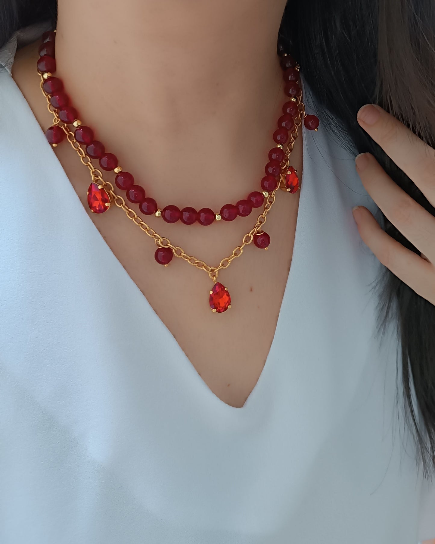Collar doble agatas rojas y cristales
