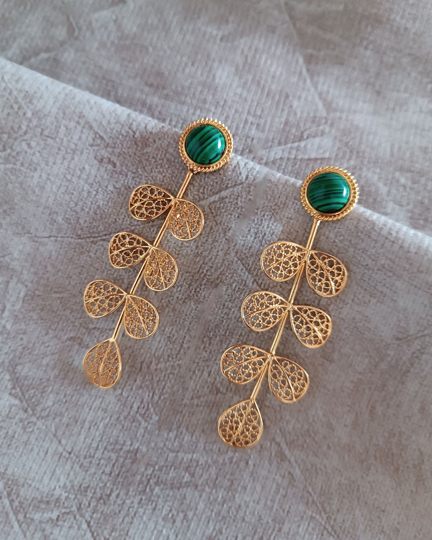 Aretes largos filigrana Hada malaquita