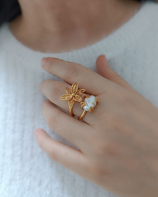 Anillo filigrana flor y perla Maritza