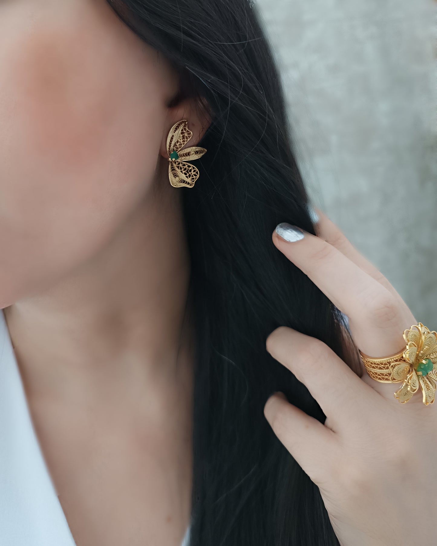 Aretes filigrana y esmeralda Alas mariposa