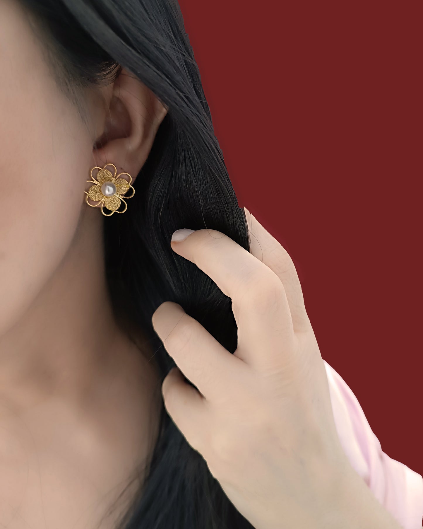 Aretes Topos Filigrana y perla, Trébol mediano