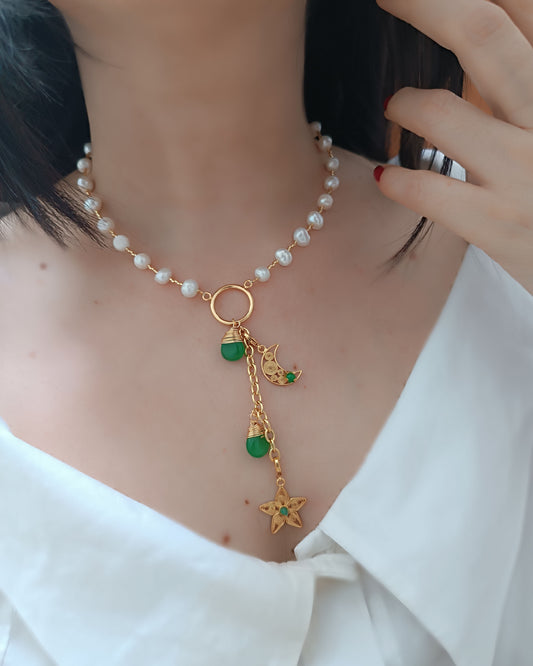 Collar de perlas y colgantes jade y filigranaJosefa