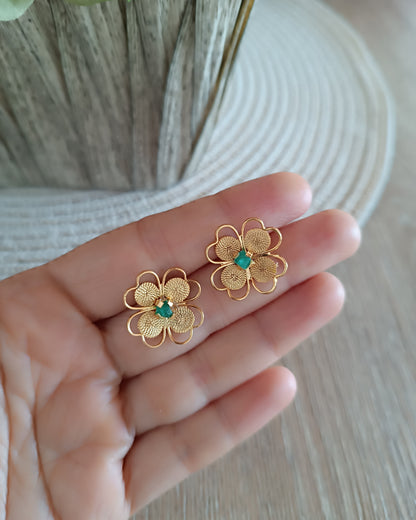 Aretes filigrana trébol y esmeralda mediano