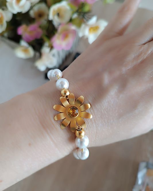 Pulsera de perlas Shell y flor Margarita con cristal
