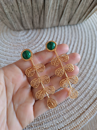 Aretes largos filigrana Hada malaquita