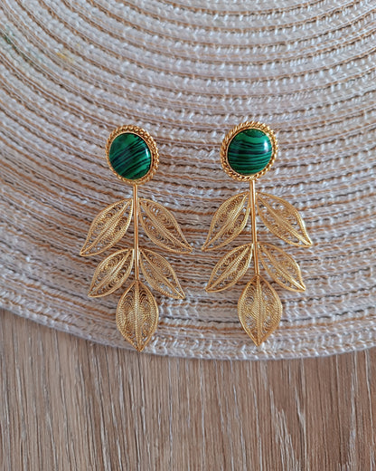 Aretes rama y malaquita Marisol