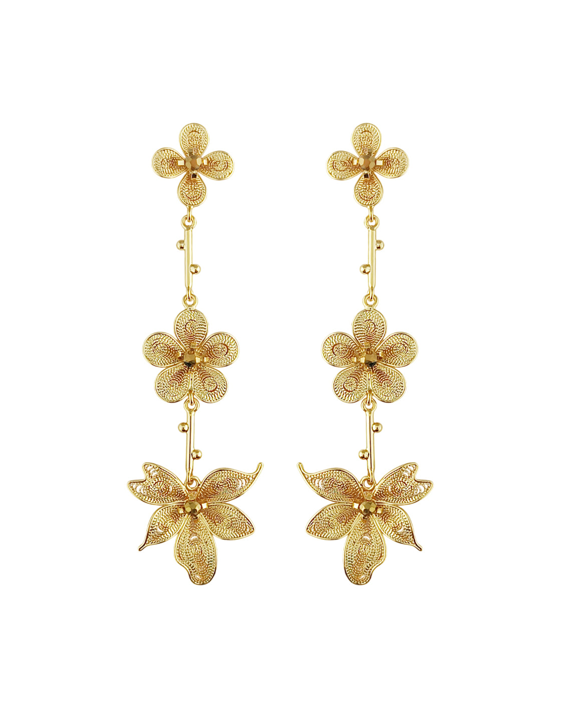 Aretes largos triple flor, Katy