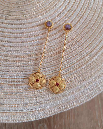 Aretes largos filigrana y amatista Atanasia